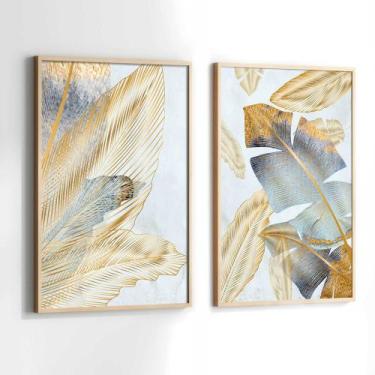 Imagem de Conjunto Quadros Decorativos com Moldura Folhas Azul Verde Dourada Kit