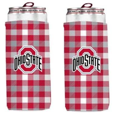 Imagem de Cooler para latas com logotipo da equipe da faculdade de cerveja ultrafina de 355 ml – pacote com 2 (Ohio State (Buckeyes) – xadrez dobrável)