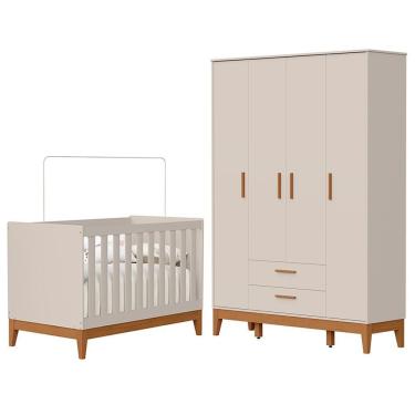 Imagem de Jogo De Quarto Infantil Flip Guarda Roupa 4 Portas E Berço Americano Reller Móveis Areia Fosco