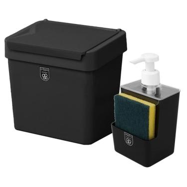 Imagem de Kit Dispenser Sabonete Líquido + Lixeira 2,5 Litros Com Tampa Cozinha Preto - Pop Crippa