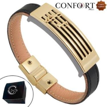 Imagem de Pulseira de Couro Preto Magnética Músico Instrumento Partitura Dourado-Unissex