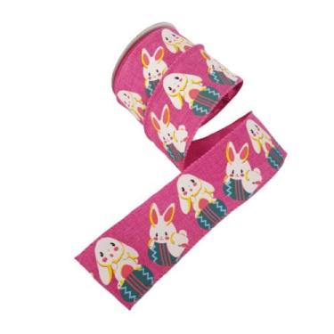 Imagem de Fita Aramada Rosa Com Coelhinhos Coloridos Comp 9.14m - Carmella Prese