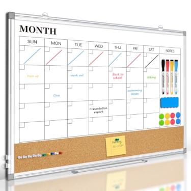 Imagem de QUEENLINK Calendário apagável a seco, calendário de quadro branco magnético de dupla face para parede, quadro de alumínio de 91 cm x 61 cm, quadro branco de cortiça, quadro de mensagens para