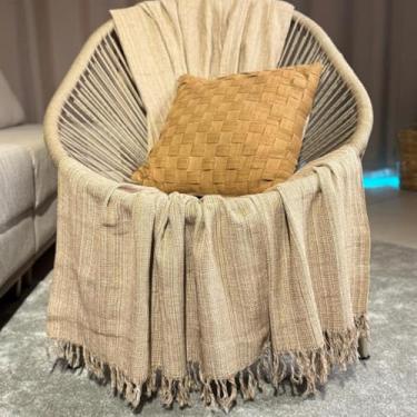 Imagem de Manta para Sofá e Cama Artesanal, 210 x 150 cm, 100% Algodão, com Franjas (Bege)