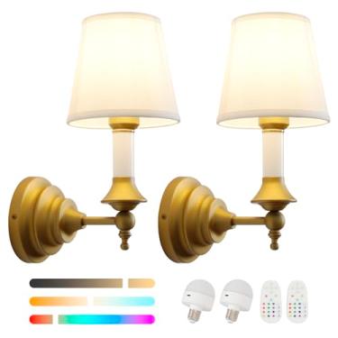 Imagem de HEQIQEH Conjunto de 2 arandelas de parede de bateria, lâmpadas de parede de latão vintage com haste de acrílico e cortina de tecido de tambor branco, iluminação LED de controle remoto, arandelas de