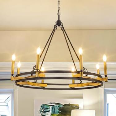 Imagem de Wellmet Lustre moderno de ouro preto, lustre de roda de vagão de fazenda dourado, luz pendente moderna preta de 8 luzes, para sala de estar, sala de jantar, quarto, entrada, hall de entrada