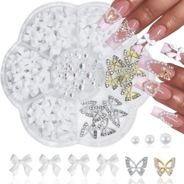 Imagem de Amuletos de unha, kit de manicure de borboleta de laço, pingentes de unhas de borboleta de luxo em 3D, joias de unhas de borboleta de luxo em 3D, joias de unhas com meias pérolas brancas, decoração de