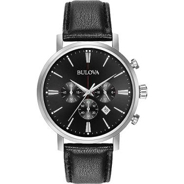 Imagem de Bulova Relógio masculino clássico Aerojet de aço inoxidável com 6 ponteiros com pulseira de couro preto, 41 mm Estilo: 96B262, Preto, Cronógrafo clássico Aerojet pulseira de aço inoxidável prateado