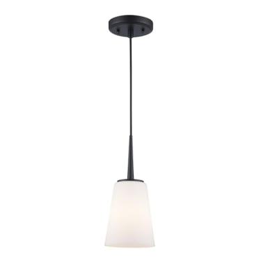 Imagem de Asher Hamilton Lighting Luminária pendente Montgomery 1 luz | Acabamento preto com sombra de vidro fosco branco | Altura ajustável para pendurar até 210 cm | Usa lâmpada de base média E26 (preto