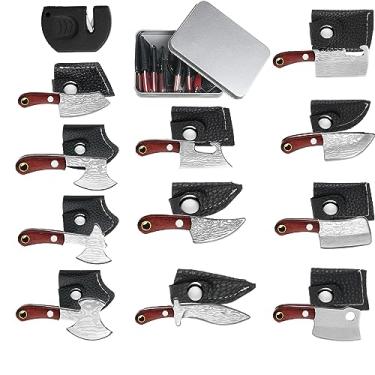 Imagem de Qunclay 11 Pieces Mini Pocket Knife Set Tiny Knife Damascus for Women Men Axe Shape Mini Knife with Pocket Knife Sharpener and Box for Beer Bottle Opener and Package Box