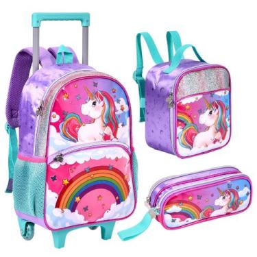 Imagem de Kit Escolar Mochila De Rodinhas Unicórnio C/ Lancheira e Estojo Duplo 