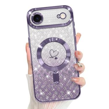 Imagem de Bonoma Compatível com Plus Case 2025 suporte para MagSafe, capa quadriculada magnética com glitter coração chapeado TPU proteção para câmera capa traseira para meninas e mulheres - roxo