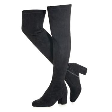 Imagem de N.N.G Botas femininas acima do joelho salto baixo inverno camurça coxa alta grosso OTK longo conforto, Salto preto de 6 cm / bico amêndoa, 37