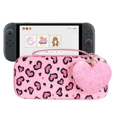 Imagem de DLseego Estojo de transporte Love Leopard para Nintendo Switch 2 (2025), conjunto de acessórios, 10 compartimentos para cartão de jogo fofo, 1 pingente de coração de pelúcia, transporte de viagem