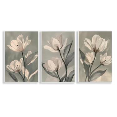 Imagem de Stupell Industries Flower Trios Portraits Conjunto de arte giclée emoldurado branco com 3 peças, design de Annabelle Hall, 76 x 50 cm