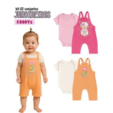 Imagem de Kit 2 Jardineira Bebê Curta Algodão Menino Menina body gola envelope b