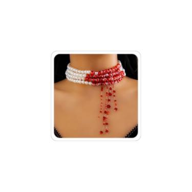 Imagem de Todenb Acessórios de vampiro para mulheres, fantasia de vampiro, colar de sangue, gargantilha com contas de Halloween, bijuteria cosplay de Halloween, Imitação de pérolas, Sem Pedra Preciosa