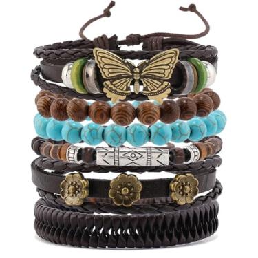 Imagem de Dreuyet Pulseiras ocidentais para mulheres e homens, vintage, boêmia, empilhável, turquesa, miçangas, pulseira elástica rústica com pingente de cabeça de vaca, joia de caubói country, Adjustable