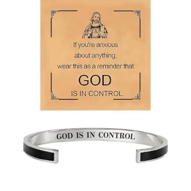 Imagem de BlingNook Pulseira God Is In Control para mulheres e homens, com cartão de presente, pulseiras de oração cristã aberta Jesus fé inspiradora, joia ajustável de aço inoxidável, One Size, Aço inoxidável