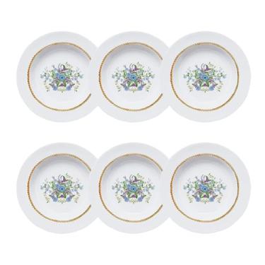 Imagem de Germer, Conjunto de prato fundo em porcelana, modelo Capri, Floral Chic, Ø 24 cm, 6 unidades,Branco com detalhes azul e dourado