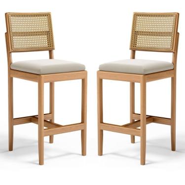 Imagem de Kit Com 2 Banqueta Milena Madeira Maciça Assento Estofado Encosto De Tela Palha Sextavada Veludo Bege 102