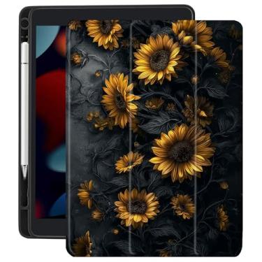 Imagem de CozyNestCY Capa retrô preta de girassol para iPad 10,9 polegadas 10º gótico preto floral capa para iPad Vintage Shell com parte traseira transparente transparente automática hibernar/despertar à prova