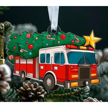 Imagem de Enfeite de acrílico para caminhão de bombeiros - Carro de bombeiros de Natal carregando árvore decorada com design de estrela - Decoração de Natal - Presente para bombeiros