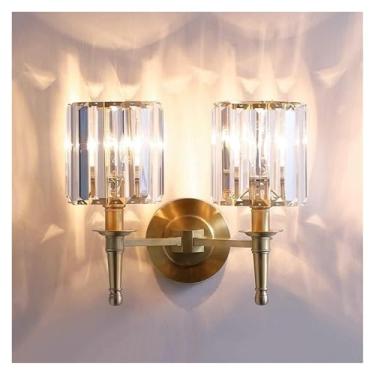 Imagem de Arandela de cobre com detalhes em cristal - Luminária de parede moderna para quarto, cabeceira, sala de estar, corredor e restaurante, luminária de parede com fio E14, 2 luzes