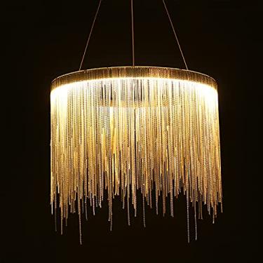 Imagem de Pendente de LED redondo com borla, lustre moderno de tambor de corrente, luminária de teto decorativa de luxo para sala de estar, hotel, quarto, sala de jantar, prata + branco quente - 80 cm