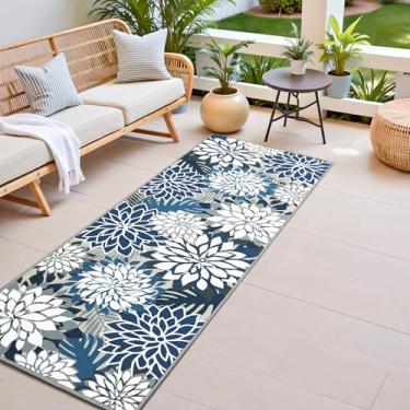 Imagem de Tapete de área 2x6 azul branco lavável tapete multicolorido tropical botânico moderno floral interior cozinha tapete de entrada antiderrapante para quarto sala de estar, varanda