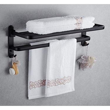 Imagem de Prateleira de banheiro de alumínio espacial para pendurar na parede toalheiro preto com ganchos