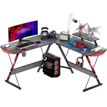 Imagem de Mesa de canto em forma de L para jogos mesa de jogos ergonômica em forma de L, mesa de jogos robusta com suporte para computador, mesa de canto reversível para escritório em casa, fácil montagem (cor