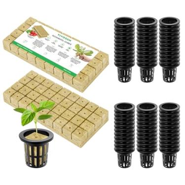 Imagem de VIVOSUN Conjunto de 72 cubos de lã de rocha e vasos de rede para hidroponia, cubos de 3 x 3 x 4 cm, 72 plugues e 72 copos de rede de 5 cm para cultivo hidropônico, início de sementes, clonagem,