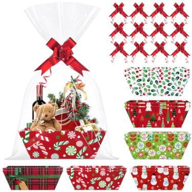 Imagem de Conjunto de 12 cestas de presente de Natal, 38 peças, a granel com sacos de celofane e fitas de laços, caixa de presente de papelão de Natal vazia vermelha verde para decorações de Natal, férias