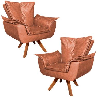 Imagem de Kit 2 Poltronas Decorativas Base Giratória em Madeira Charger PU Marrom - Gran Belo