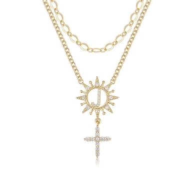 Imagem de TANTIUE Colar feminino com letras e cruz de girassol banhado a ouro 14 K, zircônia cúbica, girassol com inicial em camadas, pingente de cruz A - Z, joia feminina, adjustable, Latão, Zircônia cúbica