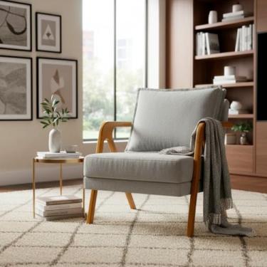 Imagem de Poltrona Decorativa Para Sala Cadeira Reforçada Para Recepção Sala De Espera Consultório Escritório Confortável em Madeira Maciça Tecido Bouclé Premium Cinza