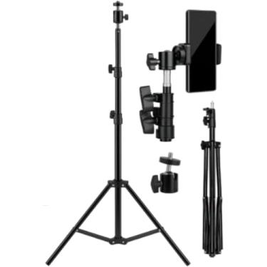 Imagem de Tripé Ajustável Profissional Iluminação, Banner, Celular Ring Light Nível Laser Flashes –Suporte Premium Regulável até 2,1m –Pedestal Preto Portátil e Dobrável + Cabeça de bola e suporte de celular