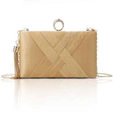 Imagem de Gets Bolsa feminina Tassel para noite, pequena, plissada, bolsa clutch para casamento, festa, alça superior e corrente, Cor dourada, One Size