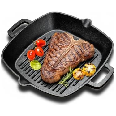 Imagem de Teenyyou Frigideira de ferro fundido, pré-temperada, quadrada de 26 cm, grelha de ferro fundido resistente com duas alças e bandeja de madeira para grelhar bacon, bifes e carnes, seguro para grelhar