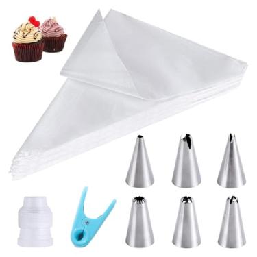 Imagem de 100 sacos de confeitar descartáveis com 6 bocais de aço inoxidável, 1 acoplador e 1 clipe – Ideal para decoração de bolos, bolos e sobremesas de festa
