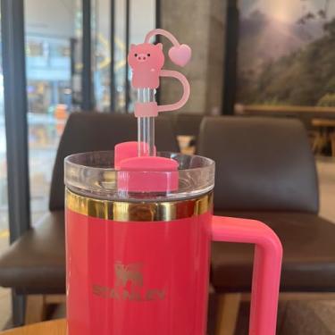 Imagem de Topos de palha de porco para acessórios de copo Stanley rosa - 3 peças de tampas fofas de palha de porquinho com coração 10 mm protetor de pontas de canudos de silicone para copo de 30 1,134 g