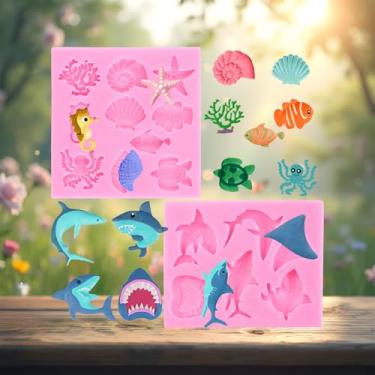 Imagem de Moldes de fondant de tubarão do oceano molde de silicone animal marinho concha estrela do mar polvo tartaruga moldes para decoração de bolos topo de cupcake chocolate doce polímero argila conjunto de