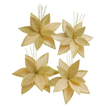 Imagem de Jogo com 4 Flores Natalinas Arranjo artificial com Glitter 30cm | Enfeite Luxuoso para Árvore de Natal, Guirlanda e Decoração Natalina | Poinsettia Brilhante para Decoração de Festas de Final de Ano