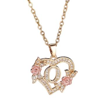 Imagem de Colar feminino com pingente de coração e flor, 26 letras, ouro de aço inoxidável - joia personalizada em tom, Onesize, Aço inoxidável, Strass
