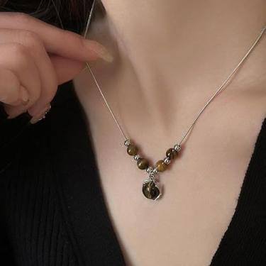 Imagem de Conjunto de colar vintage marrom de couro gargantilha empilhável olho de tigre pedra temperamento corrente de clavícula para mulheres, 40+5cm, Titânio, Sem Pedra Preciosa