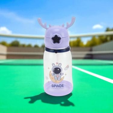 Imagem de 1 pç garrafa de água espaço temático alça chifre copo de palha 580 ml PP PC silicone roxo 22 x 9 x 8 cm