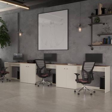 Imagem de Conjunto De Escritório 5 Peças Tech Office 3 Mesas E 2 Apara - Off White E Cedro Off White E Cedro