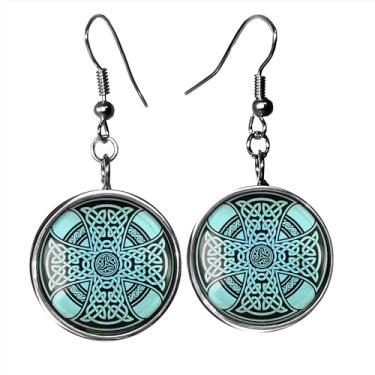 Imagem de Brincos de cruz celta - brincos pendentes de gota de prata com arte de cruz irlandesa - 26-SLRE, vidro, cabochão