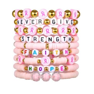 Imagem de COLORFUL BLING Pulseiras femininas com contas de cristal para conscientização do câncer de mama com fita rosa Hope Faith, câncer de mama, sobrevivente, 7, Cloreto de polivinilo, Sem Pedra Preciosa